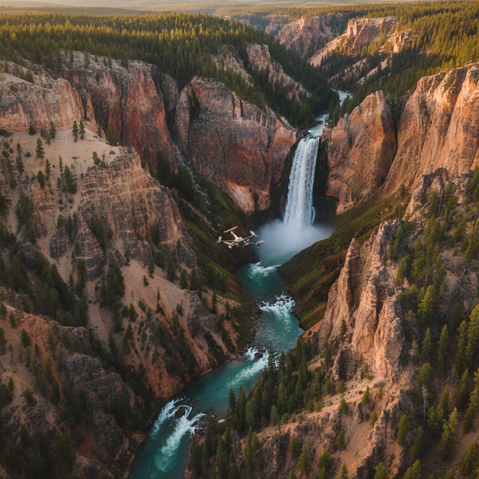 Epic aerial shot of a canyon waterfall spilling into a turquoise river.