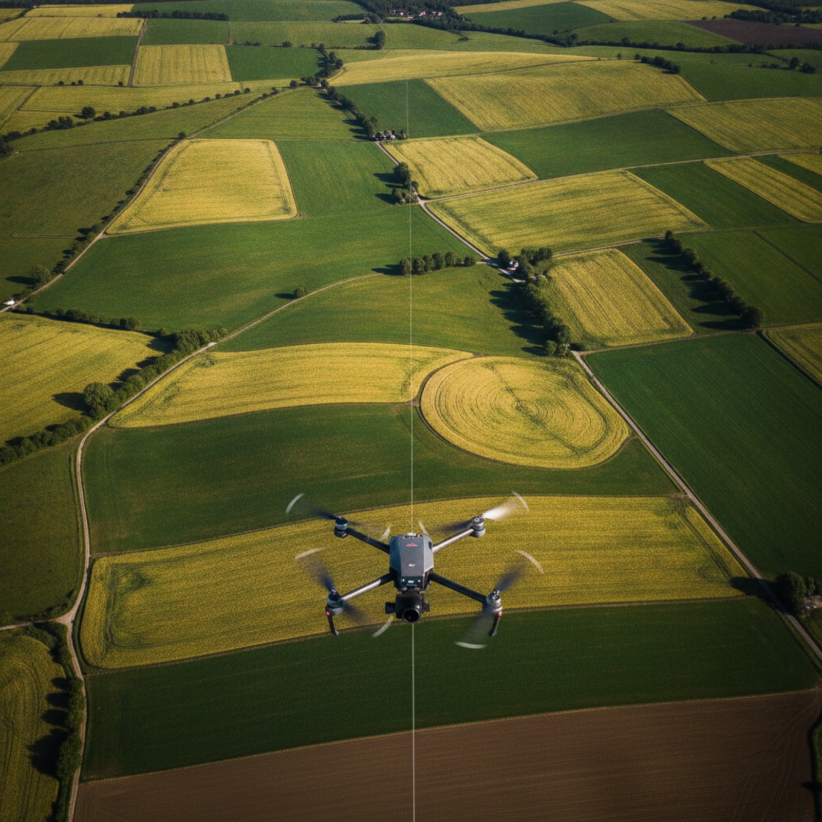 Aerial view of patchwork farmland with a drone flying a straight survey line.