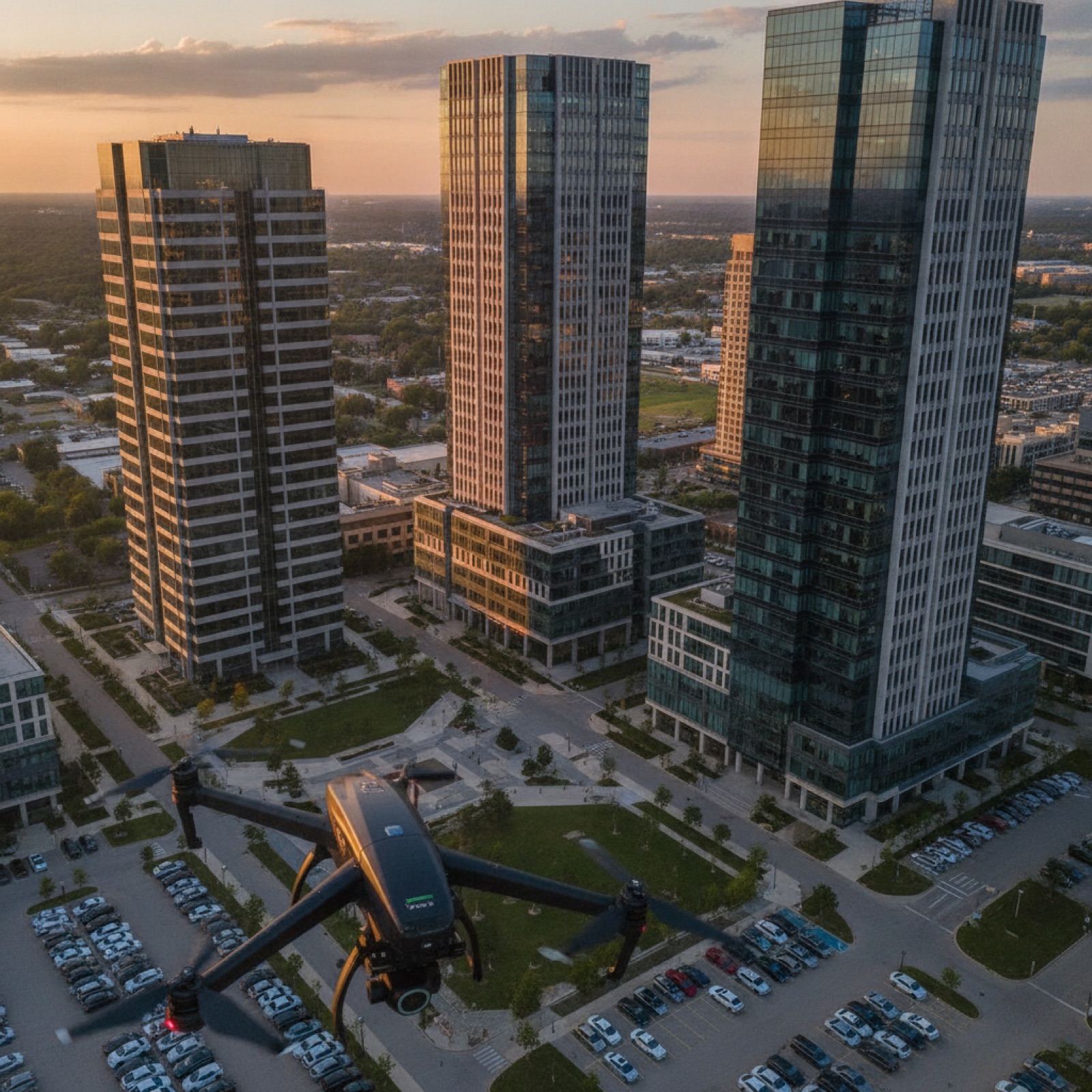 Aerial view of glass office towers with a drone in frame over a commercial district.